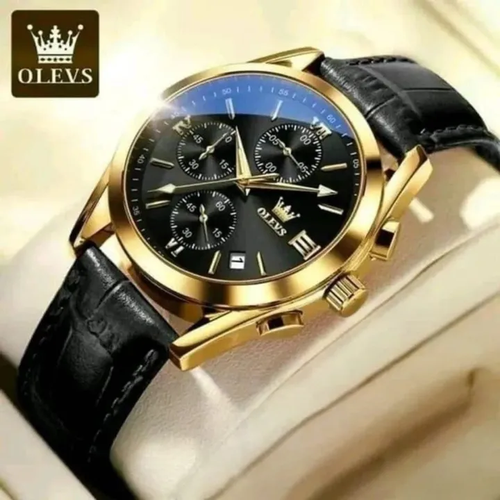OLEVS 2872 মেনস লাক্সারি গোল্ড ঘড়ি | ব্ল্যাক ডায়াল ও ব্ল্যাক লেদার স্ট্র্যাপ (40mm) | 3ATM ওয়াটার রেজিস্ট্যান্ট | ডেট + উইক ডিসপ্লে