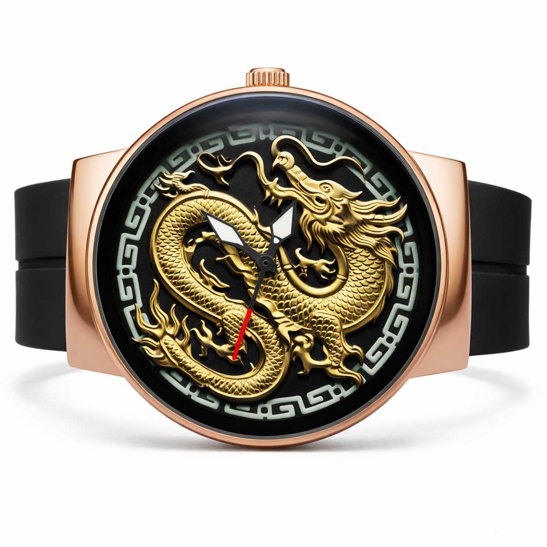 Dragon Design Luxury Wrist Watch for Men – Premium Silicone Strap, Stylish Round Dial (Black/Gold)