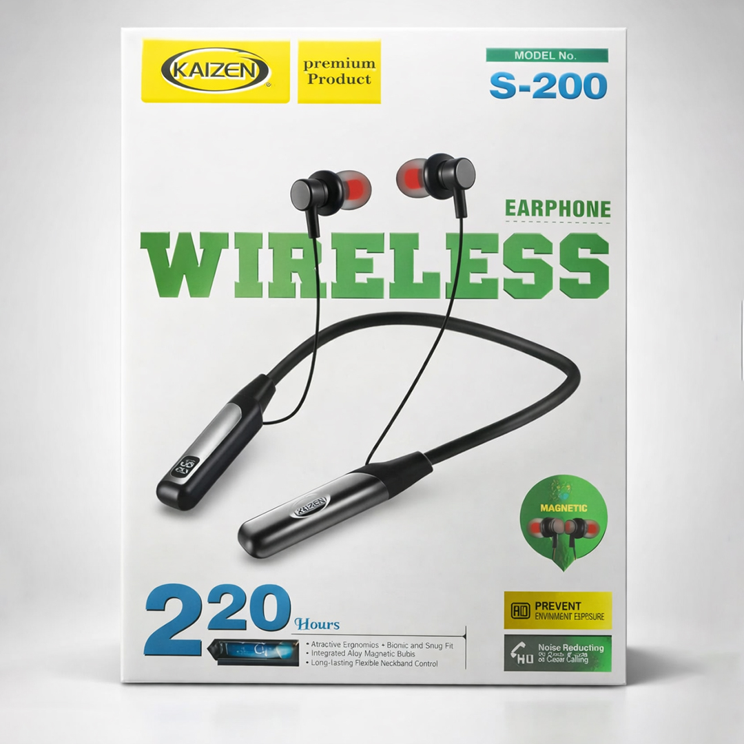Kaizen S-200 Wireless Neckband Earphone – 220 Hours Backup, Magnetic Earbuds, Noise Reduction Headset (Premium Quality)