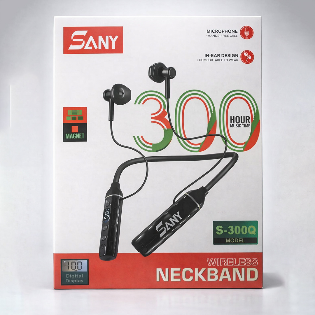 SANY S-300Q Wireless Neckband Earphone – 300 Hours Battery, Magnetic Earbuds, Digital Display, Noise Reduction Bluetooth Headset