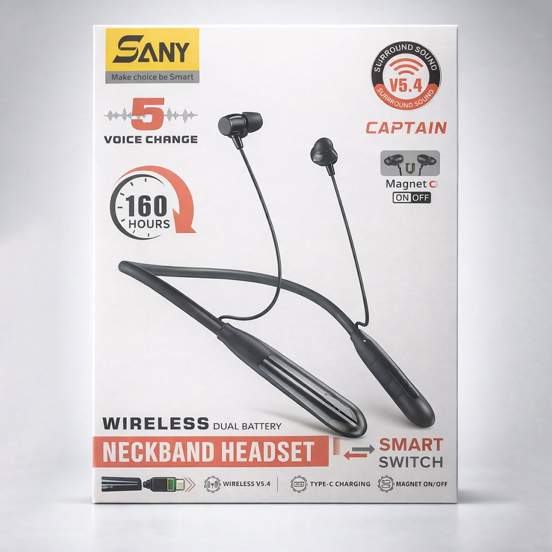 SANY Wireless Neckband Headset V5.4 | 160 Hours Battery | Voice Change | Magnetic Earbuds | Type-C Charging
