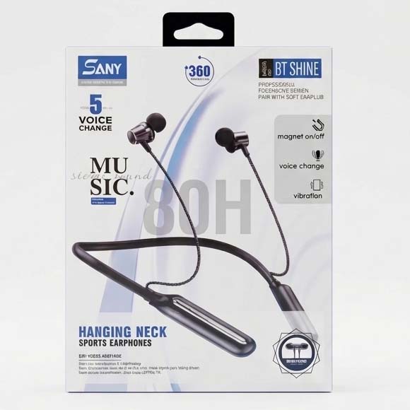 SANY BT Shine Neckband Wireless Earphone | 5 Voice Change | Magnetic Earbuds | 80H Backup Sports Bluetooth Headset