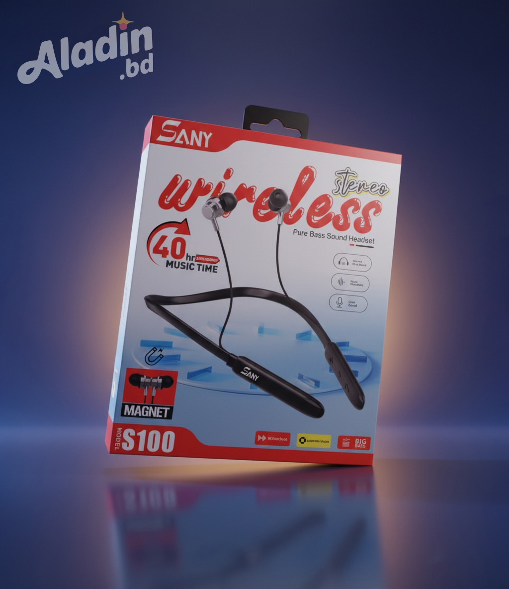 SANY S100 Wireless Stereo Neckband | 40 Hours Music Time | Hi-Fi Stereo Sound | Noise Reduction | Magnetic Earbuds